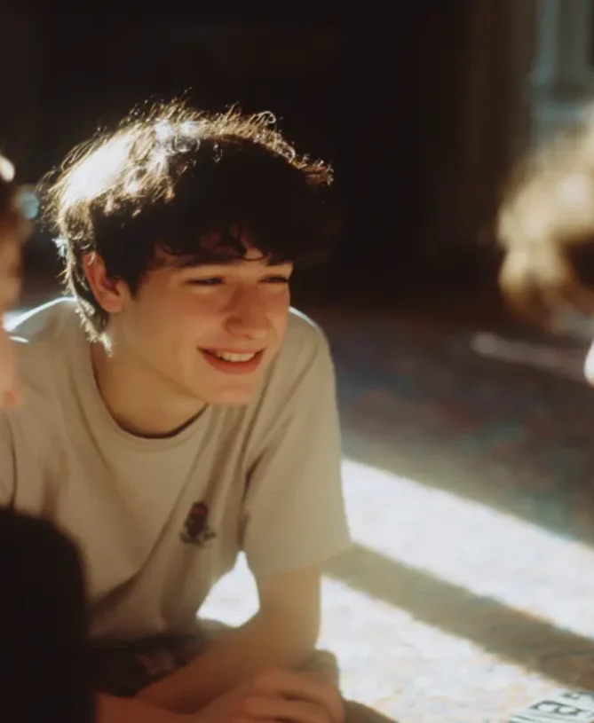 Young people sitting together and talking in a group indoors