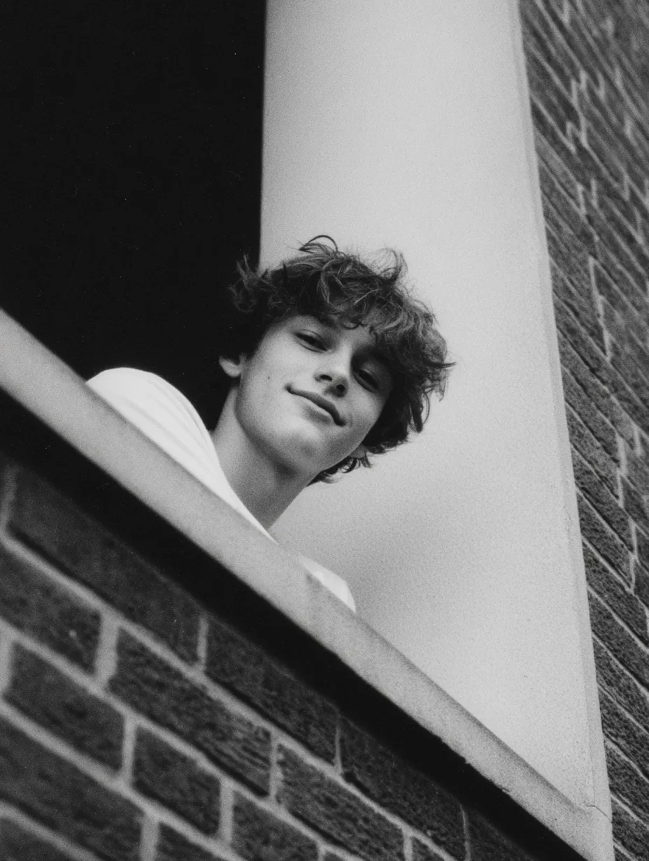 Photograph taken from below of a happy teenager who is perched on a window ledge