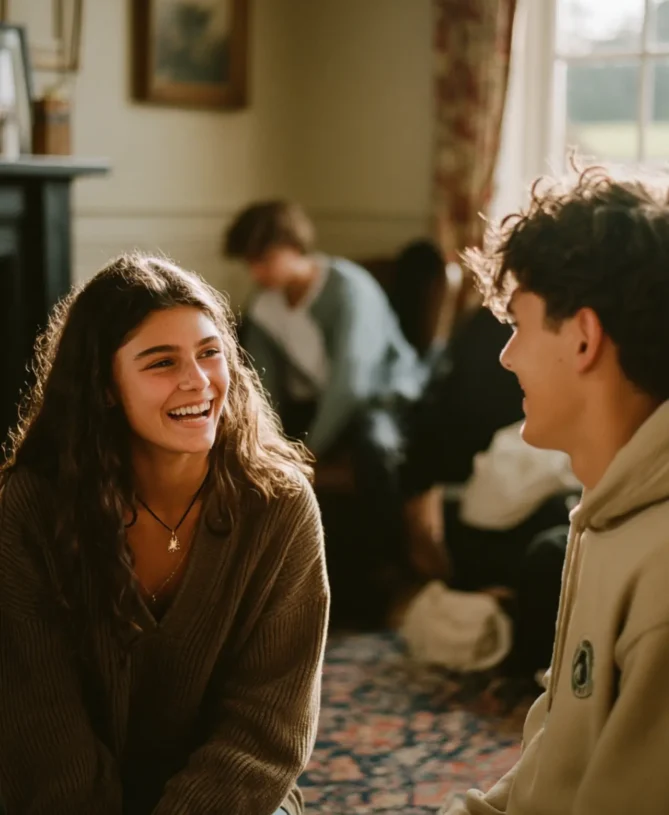 Teenage girl and boy talking and smiling together