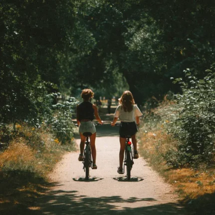 Two teenagers cycling through a London park in a residential group support programme