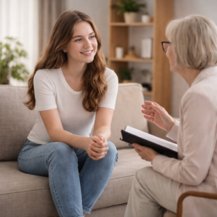 Woman engaged in a supportive discussion with a professional