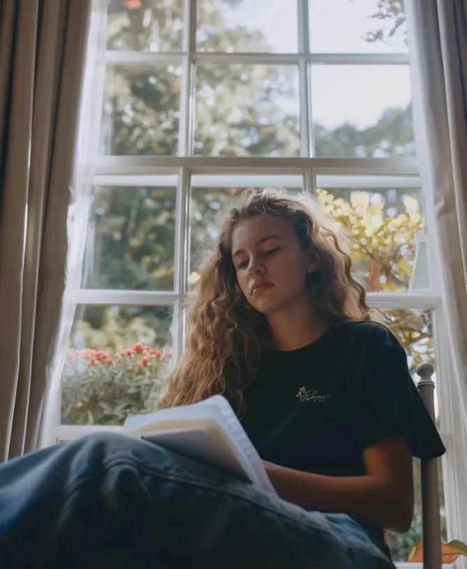 Girl reading a book by window