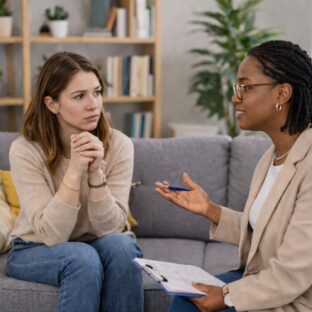 Young woman in conversation with a professional