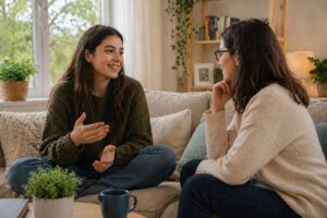 Friendly conversation in cozy home