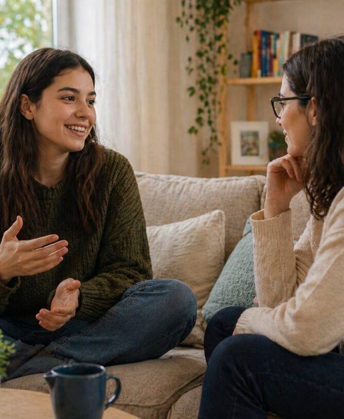 Friendly conversation in cozy home