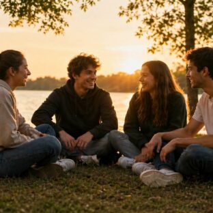 Friends talking at sunset