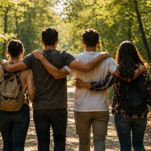 Friends walking together in nature