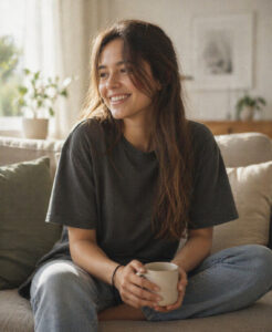 Smiling young woman relaxing at home