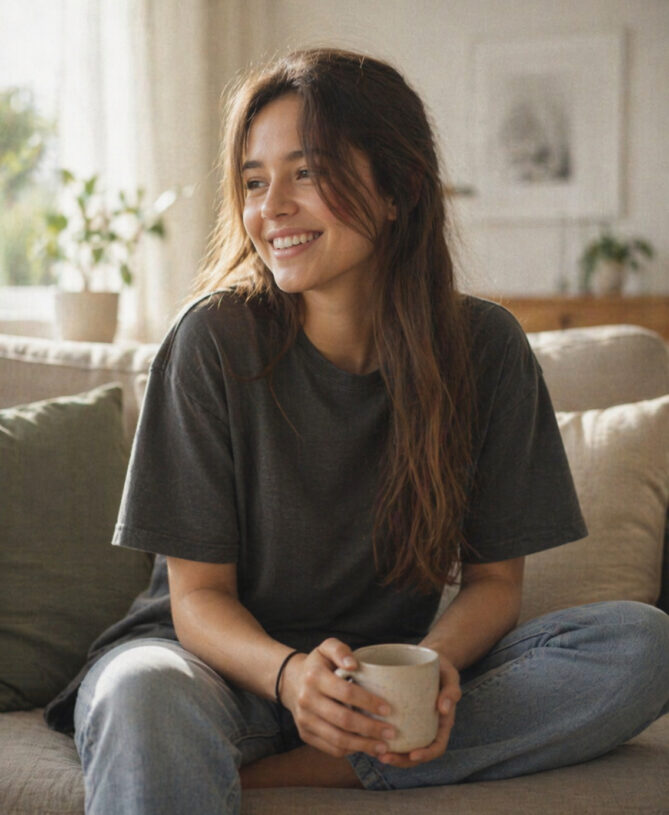 Smiling young woman relaxing at home