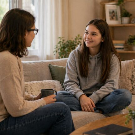 Supportive conversation in cozy living room