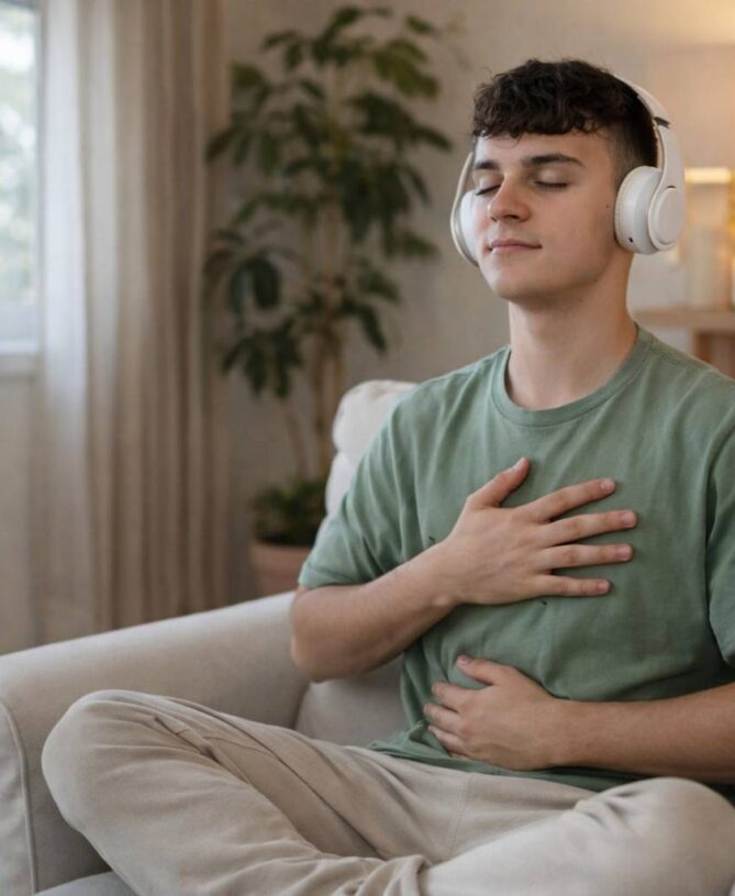 Teen boy practicing calm breathing exercise