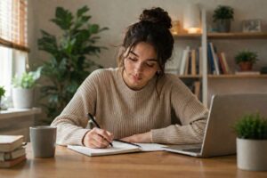 Woman focused writing notebook