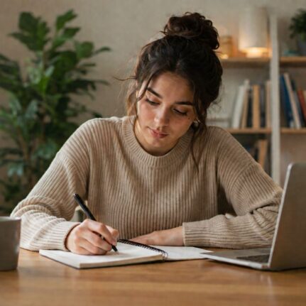 Woman focused writing notebook