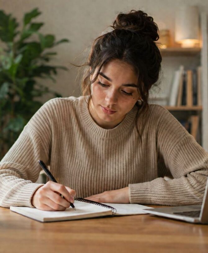 Woman focused writing notebook