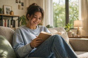 Young adult reading at home
