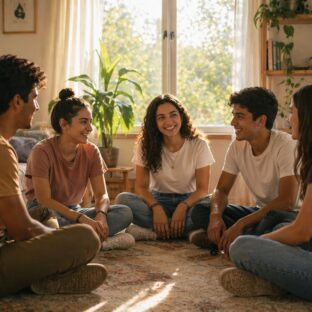 Young adults sitting and chatting together