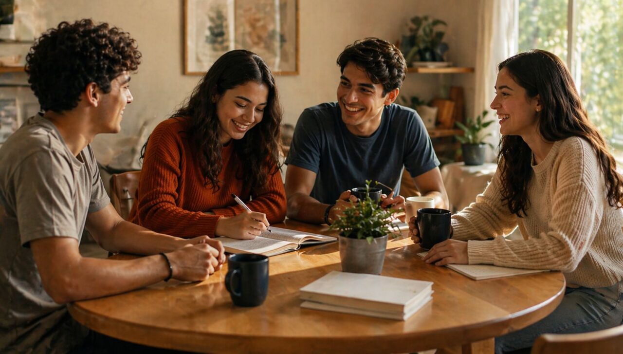 Young adults studying and chatting together