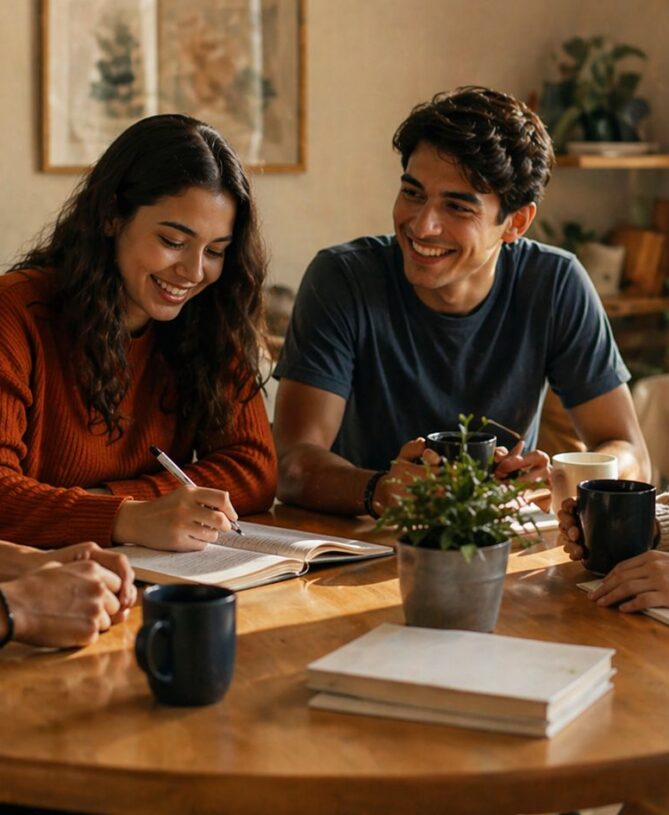 Young adults studying and chatting together
