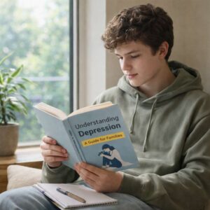 Young man reading mental health guide
