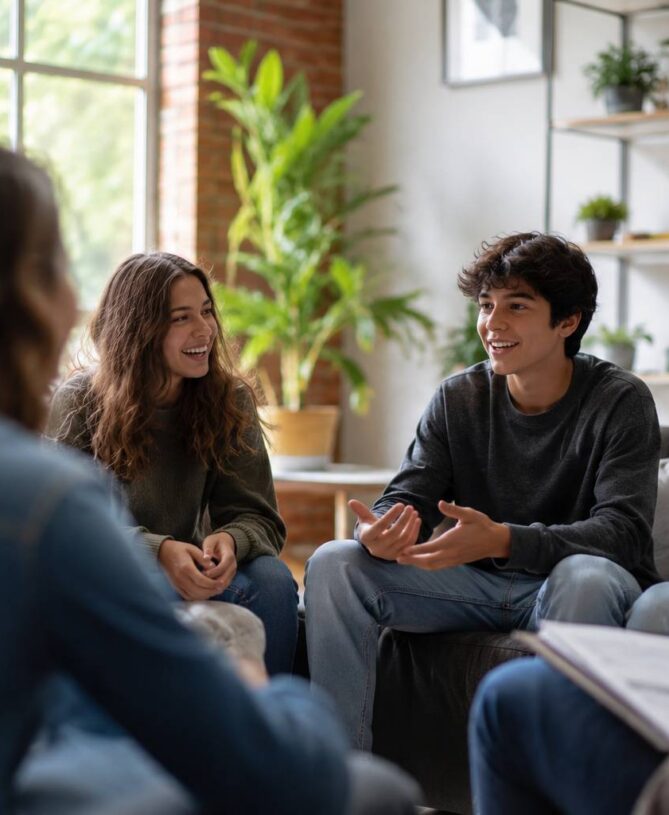 Happy young adults support group