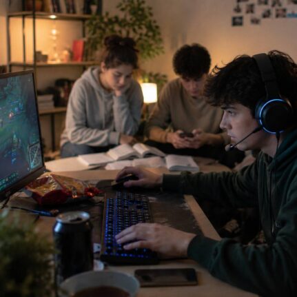 Young adults gaming indoors
