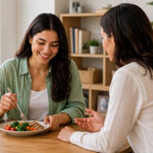 happy young women dining together