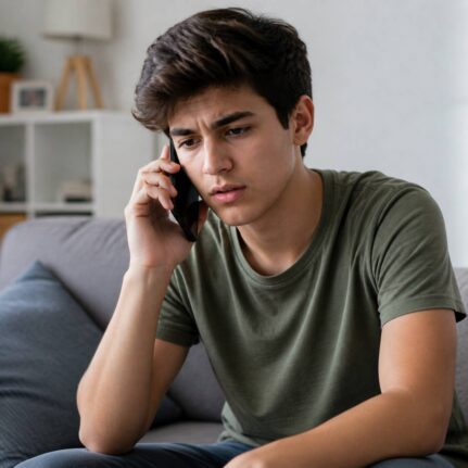 young man thoughtful phone conversation