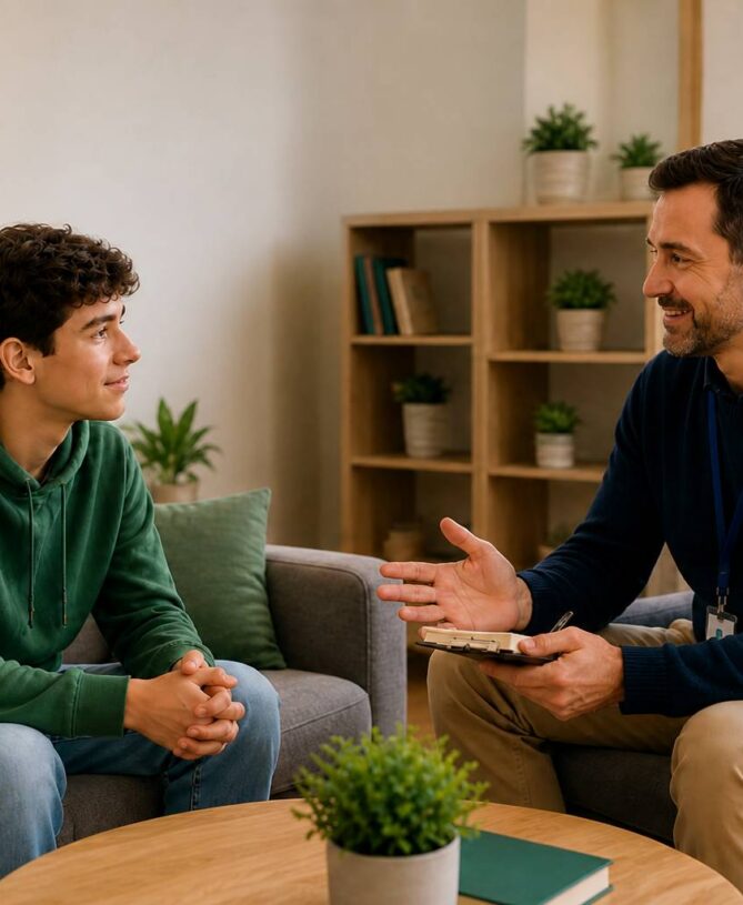 mentor guiding young adult discussion