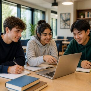 students collaborating laptop study session
