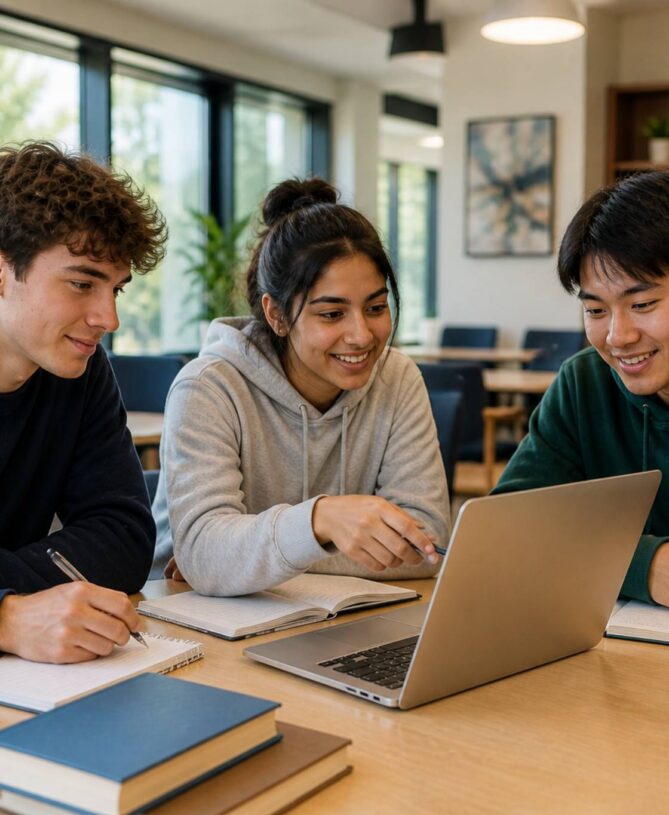 students collaborating laptop study session