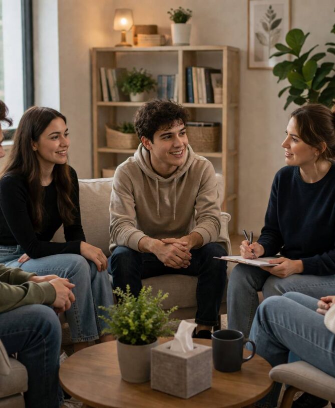 supportive peer conversation indoor setting