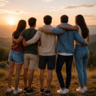 young friends sunset outdoor bonding