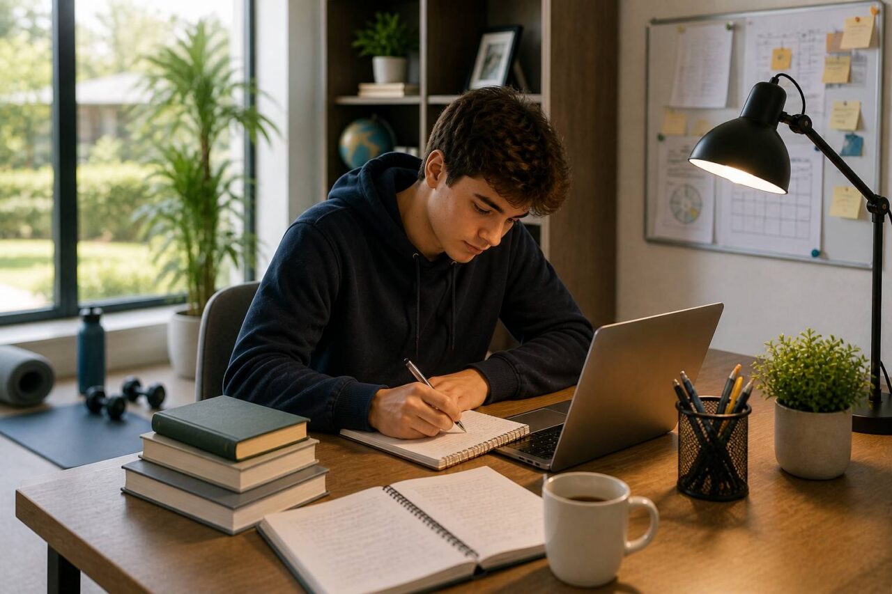 young man focused studying desk