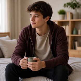 young man relaxed holding coffee