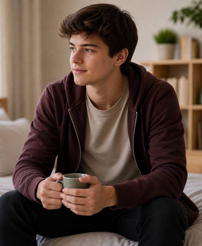 young man relaxed holding coffee