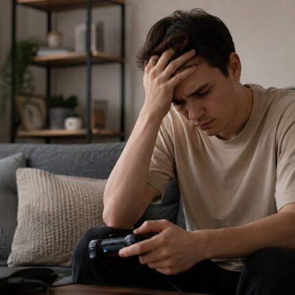 young man thoughtful gaming pause