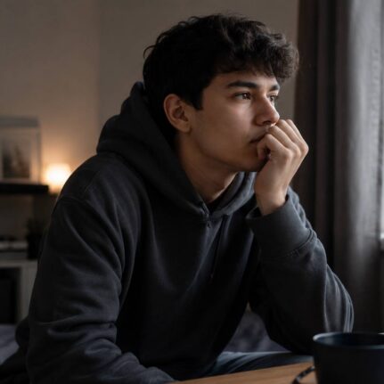 young man thoughtful indoor reflection