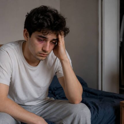 young man tired evening indoors