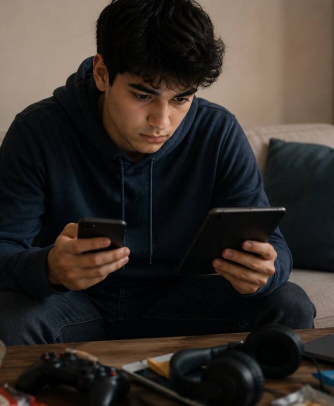 young man using multiple screens