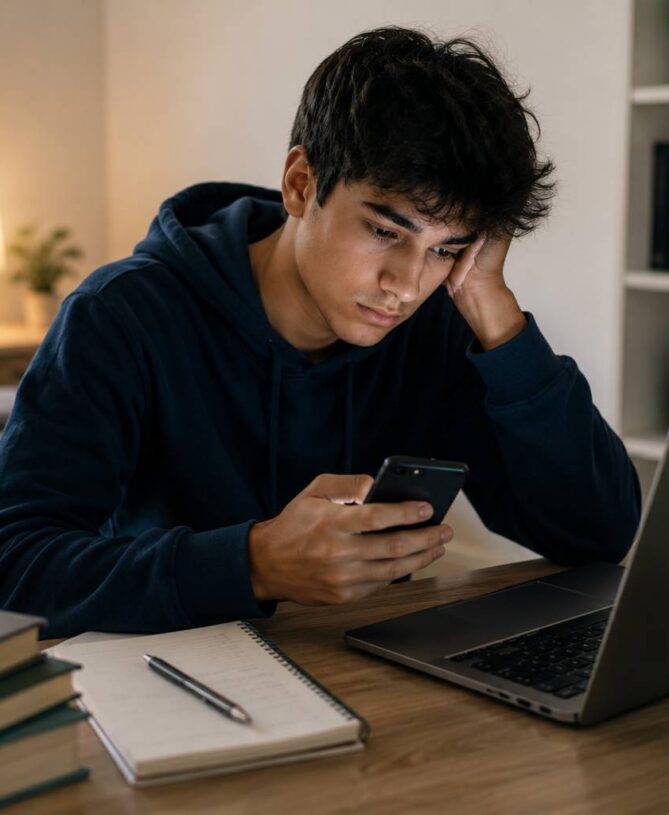 young man using phone indoors