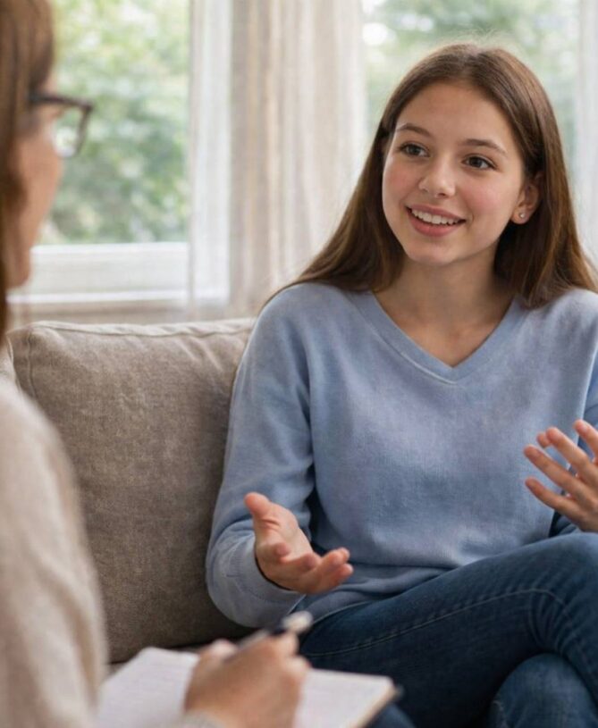young woman friendly indoor conversation
