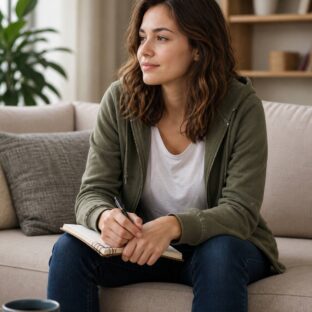 young woman journaling calmly sofa