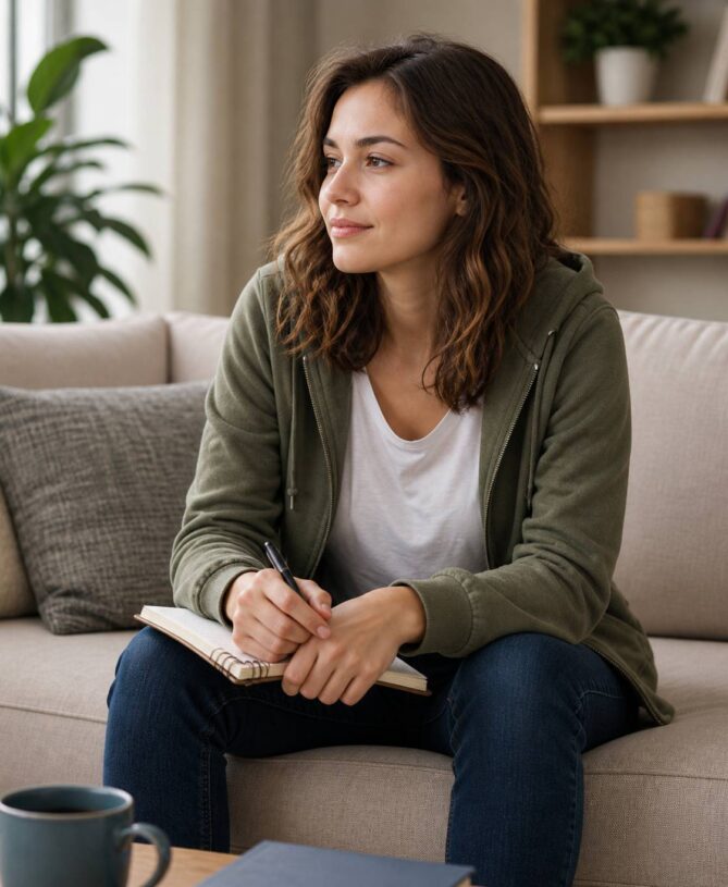 young woman journaling calmly sofa
