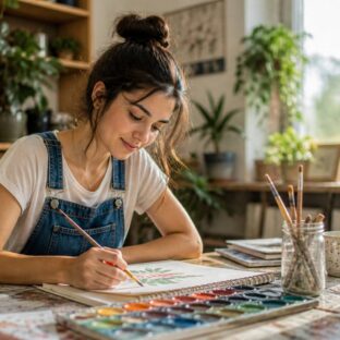 young woman painting calmly at table
