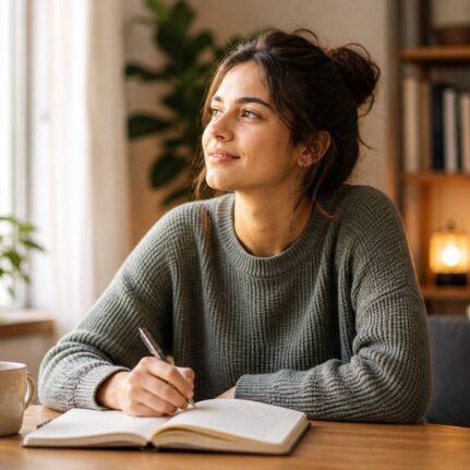 young woman peaceful journaling moment