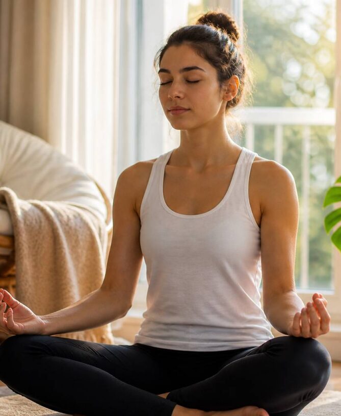 young woman peaceful meditation indoors
