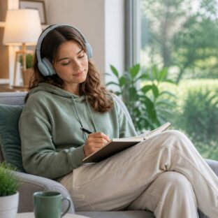 young woman studying calmly at home