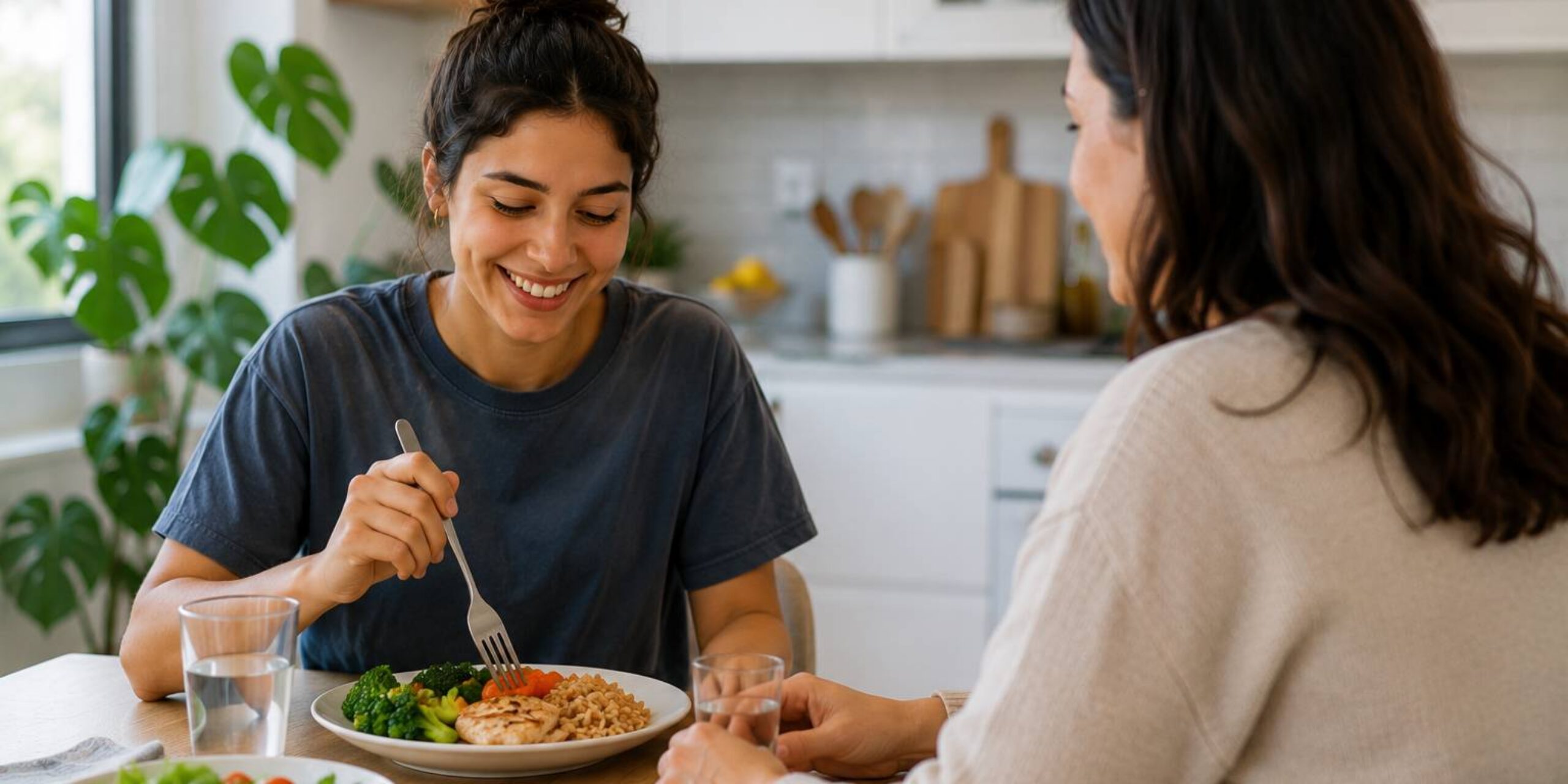 young women enjoying healthy meal