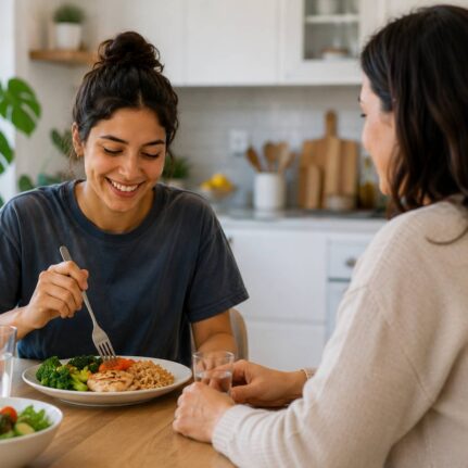 young women enjoying healthy meal