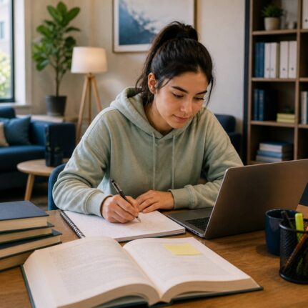 young women focused studying desk